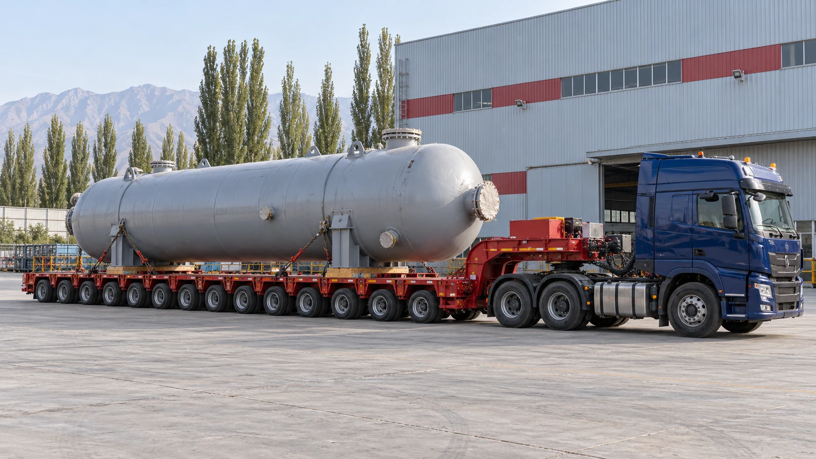 重型牵引车牵引多轴液压轴线挂车运输大型卧式工业压力容器